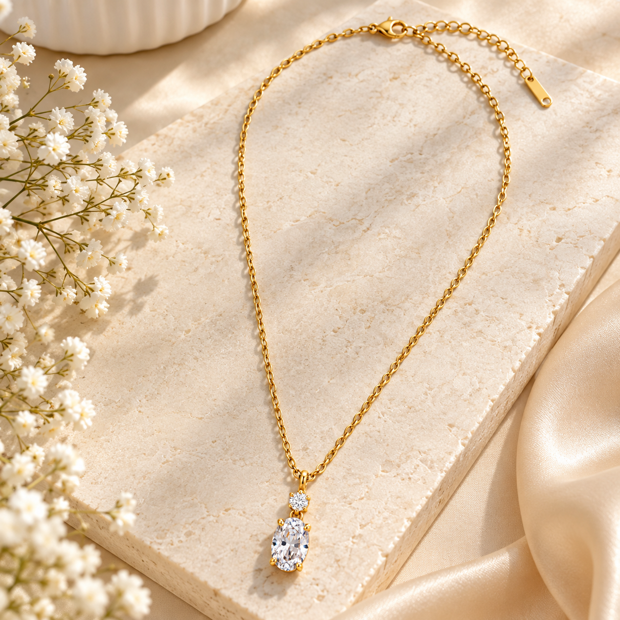 Golden Oval Crystal Drop Necklace
