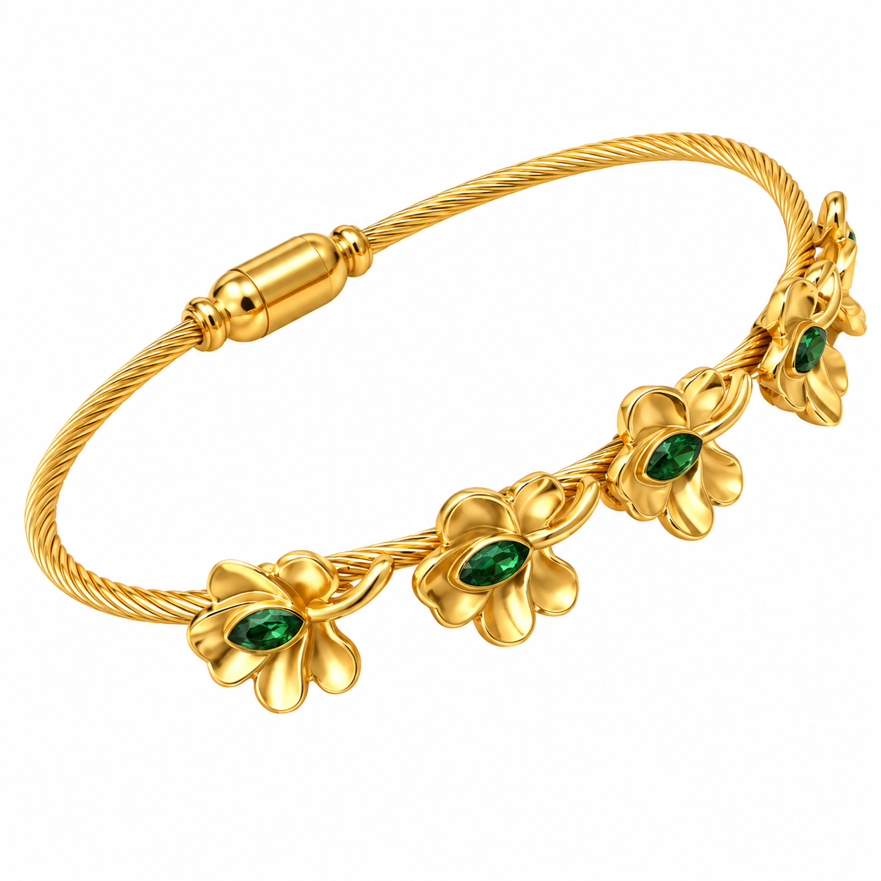 18K Gold Floral Emerald Green Stone Bangle