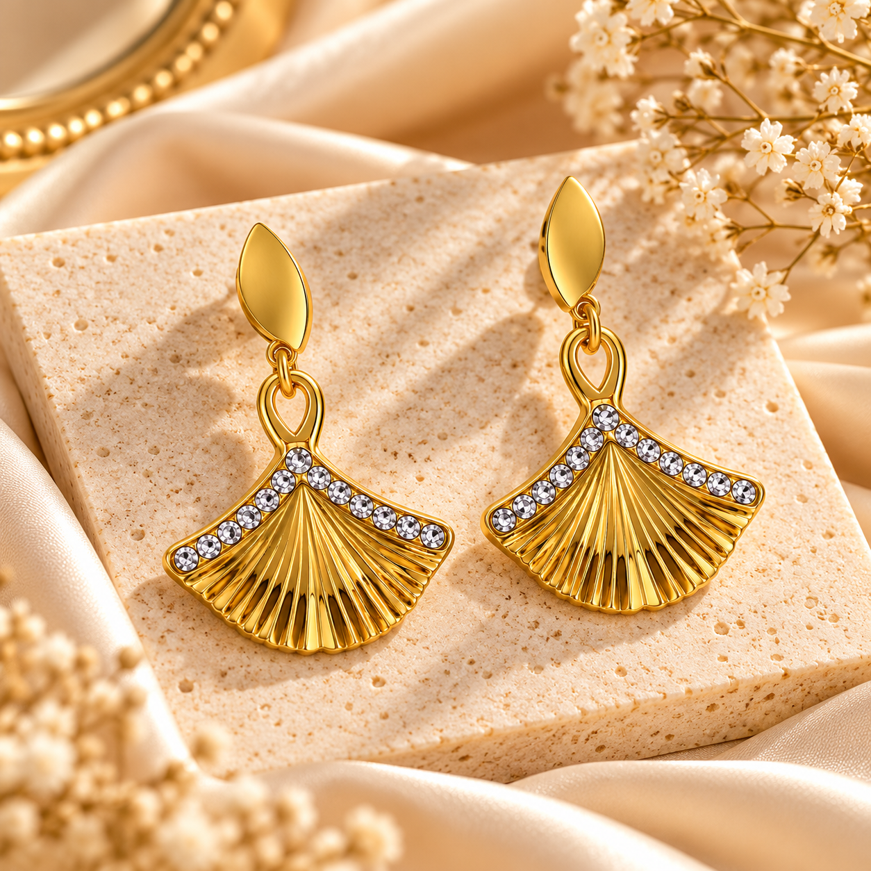 Golden Fan Crystal Drop Earrings