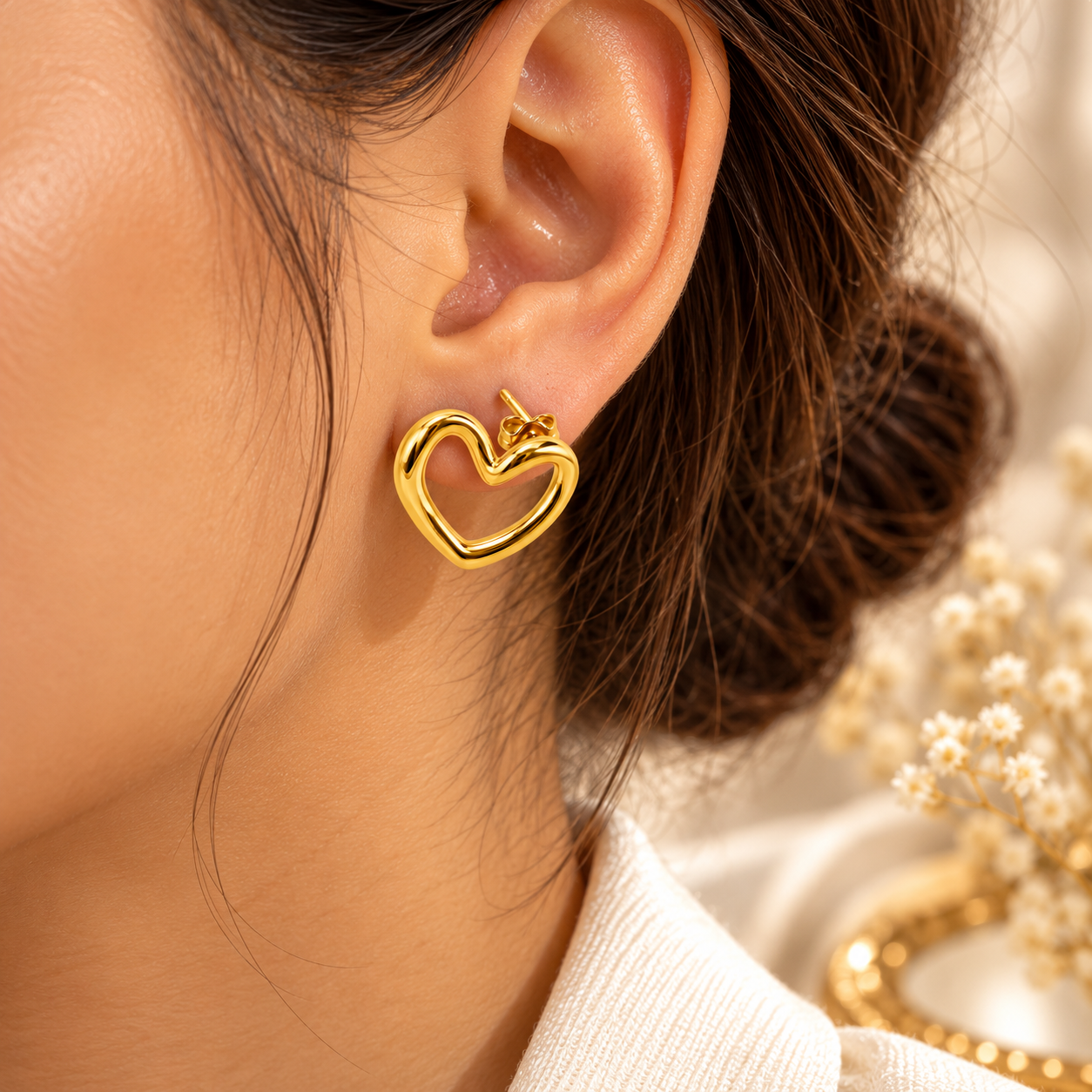 Golden Open Heart Stud Earrings