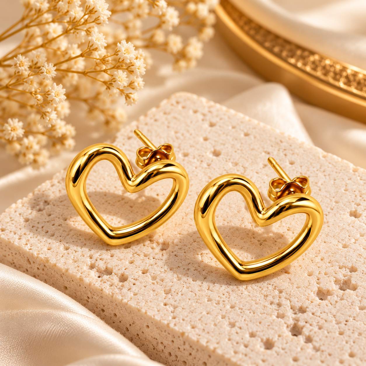 Golden Open Heart Stud Earrings