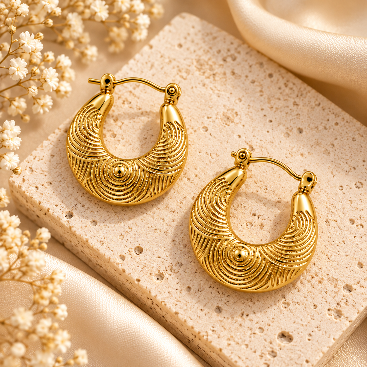 Golden Ripple Crescent Hoop Earrings