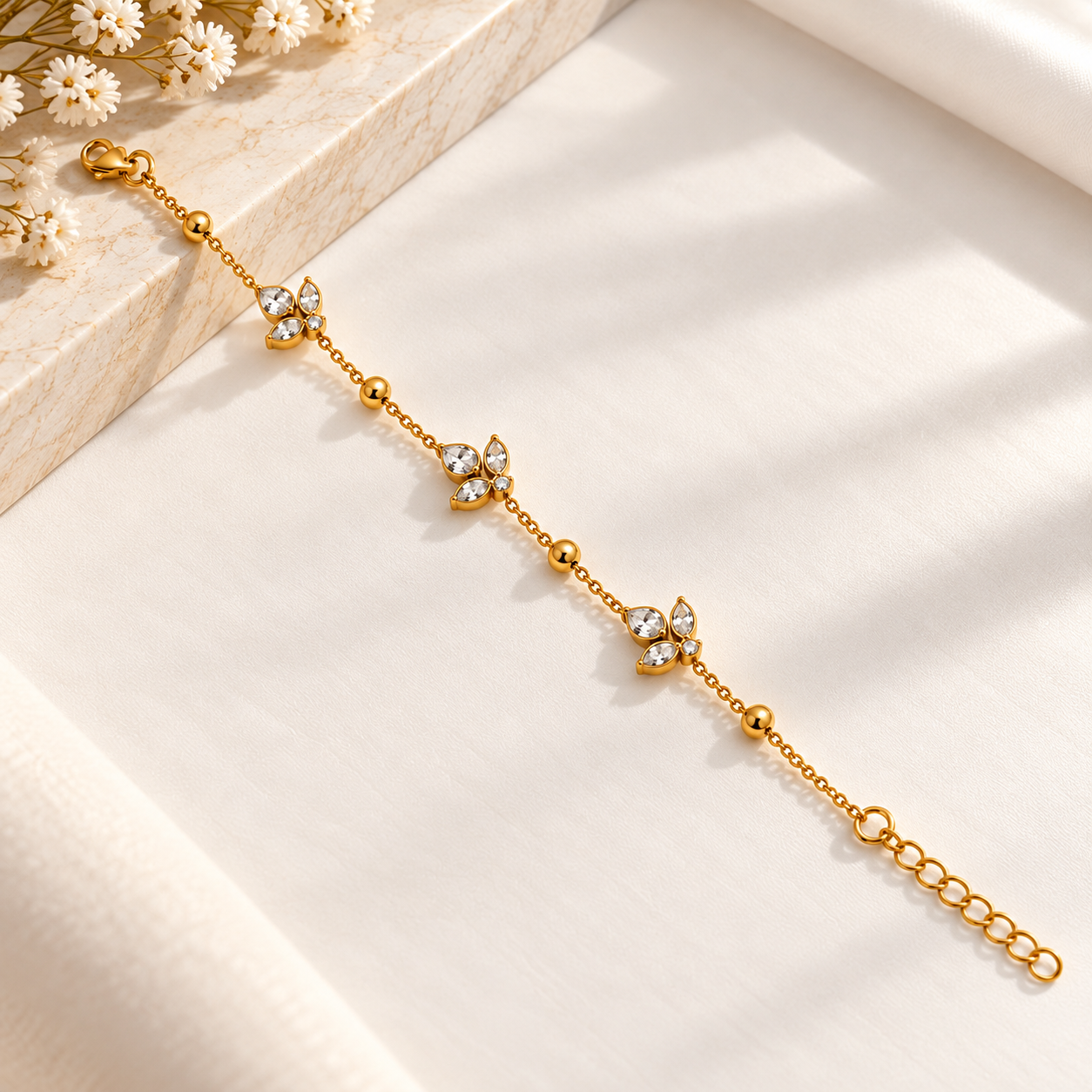 Golden Floral Crystal Chain Bracelet