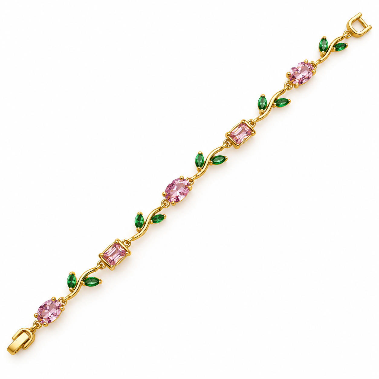 Elegant Gold Bracelet with Pink Gemstones and Green Leaf Accents