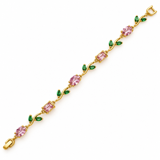 Elegant Gold Bracelet with Pink Gemstones and Green Leaf Accents