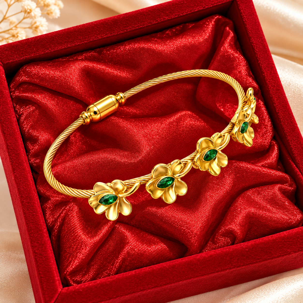 18K Gold Floral Emerald Green Stone Bangle