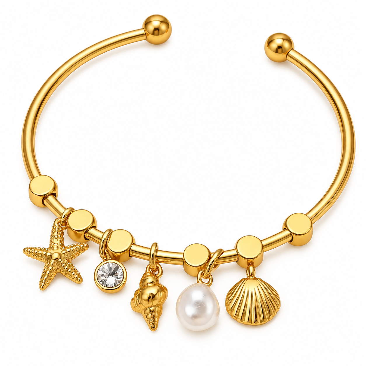 Golden Ocean Charm – Seashell & Pearl Bracelet