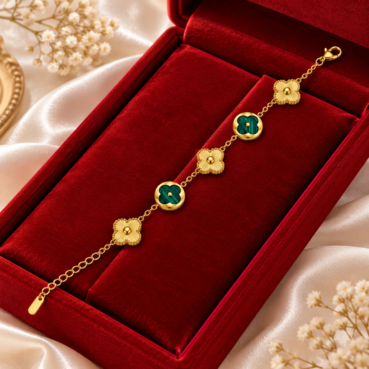 Gold-Tone Green Clover & Floral Charm Bracelet