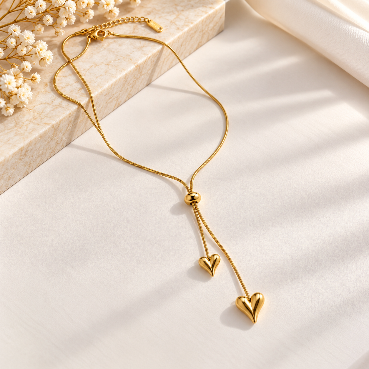 Golden Double Heart Lariat Chain Pendant