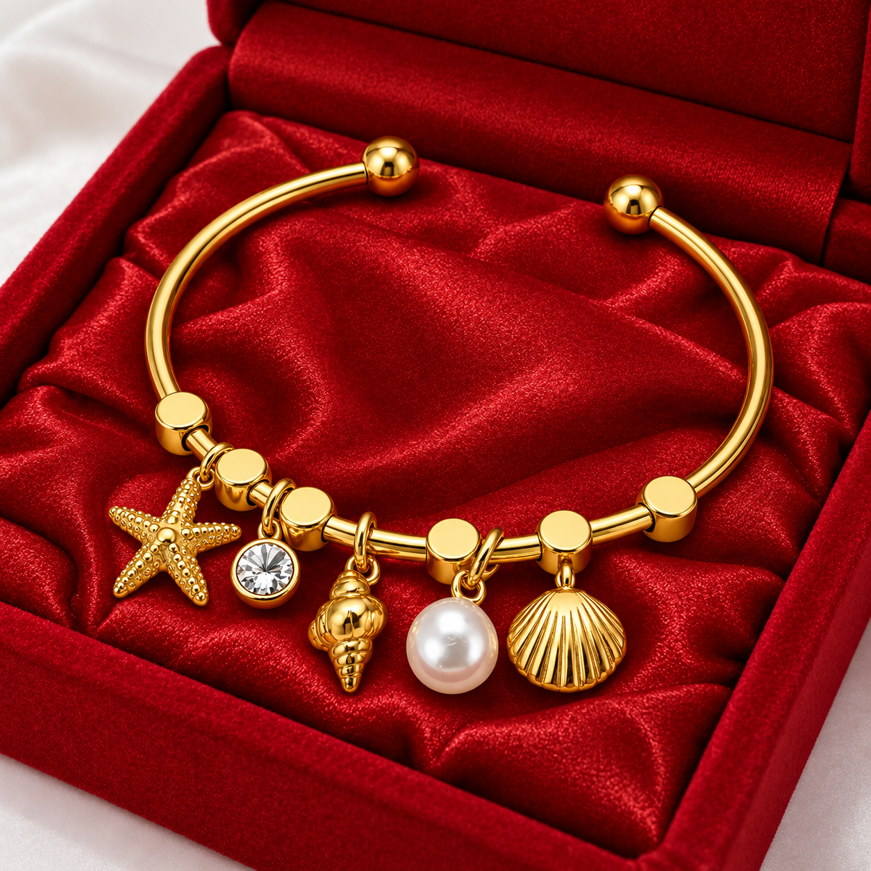 Golden Ocean Charm – Seashell & Pearl Bracelet