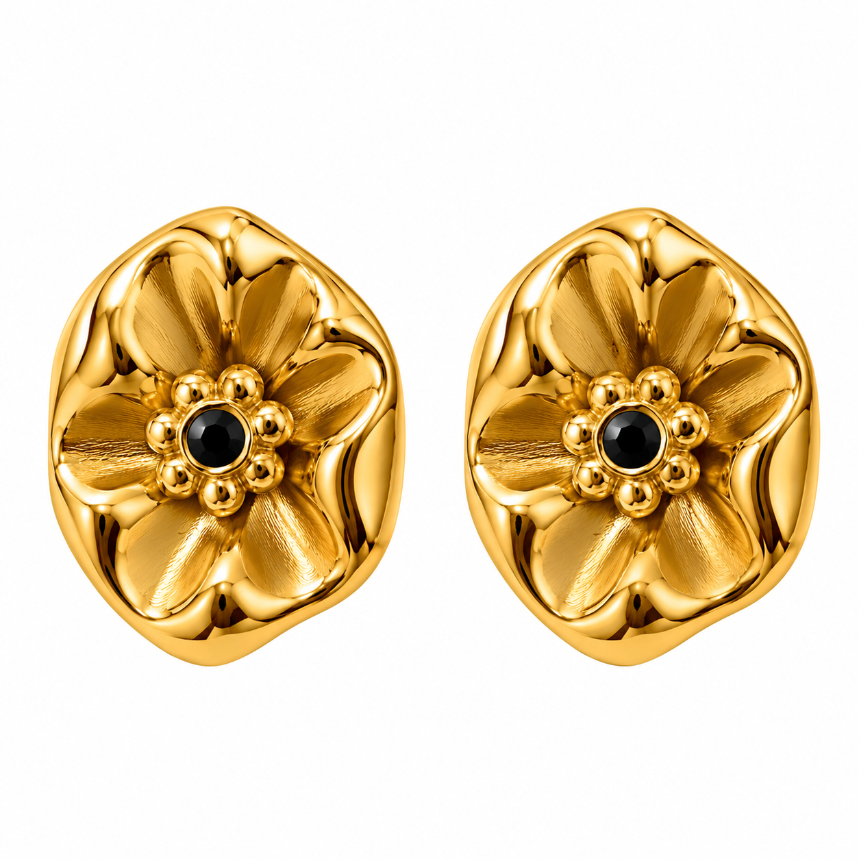 18K Gold PVD Plated Sculpted Floral Black Stone Stud Earrings